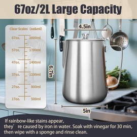 Stainless Steel Pitcher with Lid, 67 oz/2000 ml Large Metal Measuring Cup with Handle, Dual Scale Markings Graduated Beakers, Milk Frothing Jug for Espresso Machines, Latte Art, Iced Tea, Hot Water