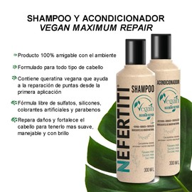 Kit Vegan Nefertiti Shampoo y Acondicionador sin Sales, sin Sulfatos y sin Parabenos, con Keratina Vegana y Aceite de Macadamia, Repara y Acondiciona el Cabello Dañado y Seco.