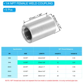 PATIKIL 1/4" NPT Female Weld Coupling, 5 Pack 304 Stainless Steel Threaded Half Coupling Weld On Bung Fittings Connector for Pipe Fuel Tank