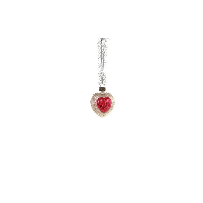 Red Silver Victorian Heart with Tinsel Hanger Glass Ornament