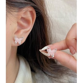 Silver Butterfly Drop Earrings Sparkling White Crystal Butterfly Earrings Butterfly Dangling Earrings 925 Silver Needle Hypoallergenic Butterfly Earrings Jewelry for women (pinkA)