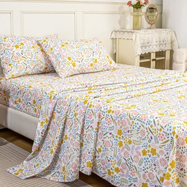 MEISHANG King Sheets Set - Floral Sheets King Ultra Soft Brushed Microfiber Floral Bed Sheets - Deep Pocket Up to 16" - Wrinkle Free - 4 Pieces (King, Meadow Floral)