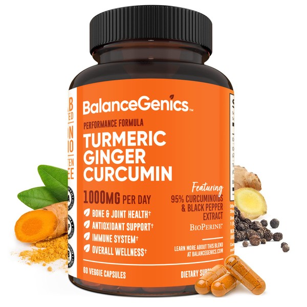 BalanceGenics Turmeric Curcumin Supplement with Black Pepper & Ginger Root 1000mg | Max Strength 95% Curcuminoids Curcuma | Joint Health & Inflammation Support | 60 Capsules Powder Filled