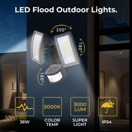 R.W.FLAME LED Flood Motion Sensor Outdoor Lights, 36W 3000LM 5000K IP54 Waterproof, 5 Lighting Modes, 4 Lighting Durations, 3 Detection Distances, for Garage, Yard, Porch, Black.