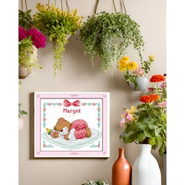 CaptainCrafts Cross Stitch Kits Stamped Cross Stitch Preprinted Fabric DIY Art Embroidery Kits Needlework Crafts (Preprinted 11CT, Sleeping Baby Pink Bear)