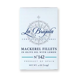 La Brújula No.142 Mackerel Fillets with Lemon in Olive Oil | 4 oz - 1 Pack | Hand-Packed Spanish Gourmet Canned Fish | Artisan Preserves | Caballa al Limón | Wild-Caught from Cantabrian Sea |