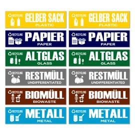 GamesMonkey® - Recycling Waste Recycling Stickers - DE v2 - Washable Waterproof Illustrated - German English - Glossy Vinyl DH (15x4cm, 12 Pieces)