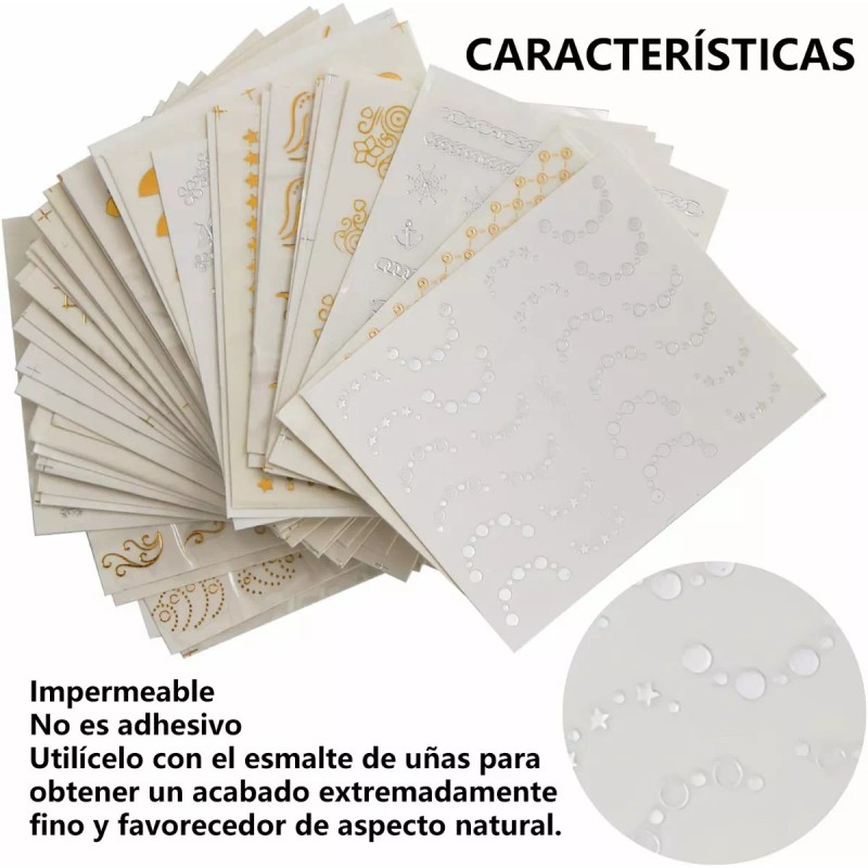 Gogox 30hojas Pegatinas Decoración Uñas Láser Dorado Plata Sticker