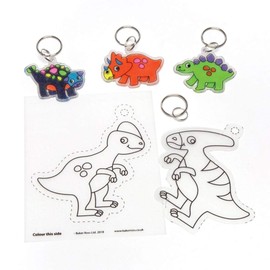 Baker Ross AW566 Dinosaur Super Shrink Keyrings – Pack of 8, Colour in Keyring Craft Kits for Kids, Kids Party Bag Arts and Crafts, White