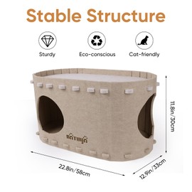 NATUYA Cat Cave Bed for Indoor Cats, Cat Tunnel House for Multiple & Large Cats Up to 10KG, Scratch Resistant Felt Cat Caves, Foldable Cat Hideaway Bed (58 x 33 x 30cm, Grey)