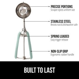 Gorilla Grip Premium Stainless Steel, Spring-Loaded Scoop for Fruit, Cookie and Ice Cream, Easy Squeeze and Clean Release, Comfortable Handle, Small, 2TSP Scooper Size 100, Uniform Portions, Mint
