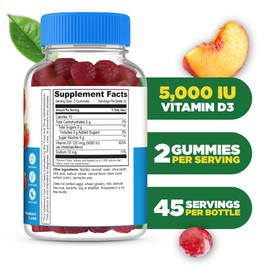 Lifeable Sugar Free Vitamin D 5000 IU - Great Tasting Natural Flavor Gummy Supplement - Gluten Free Vegetarian GMO-Free Chewable - for Immune Support and Bone Health - for Adults - 90 Gummies