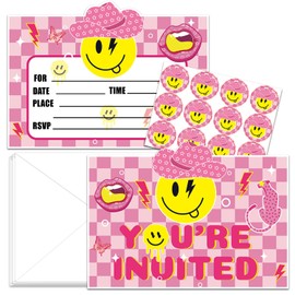 24 PCS Preppy Birthday Invitations, Smile Face Party Invitations with Envelopes and Stickers Pink Checkered Fill in Invites Cards for Girl Baby Shower Birthday Party Decorations Supplies Favors