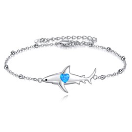 POPLYKE Shark Bracelets Sterling Silver Opal Shark Charm Adjustable Bracelets Ocean Jewellery Birthday Gift for Women Shark Lovers