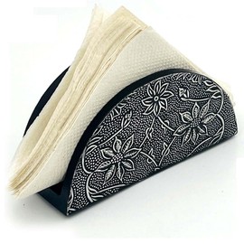 Zyntix Black D Shape Napkin Holder with Silver Work for Kitchen and Dining - Handmade Napkin Holder for Table - Stylish and Functional Design for Modern Homes