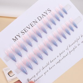 CJDLTS Blue Flame Press on Nails Medium Almond Shaped Glitter Powder Design Glitter False Nails Full Cover Artificial Coffin Nails Reusable Glue on Nail for Women Manicure Decoration 24Pcs