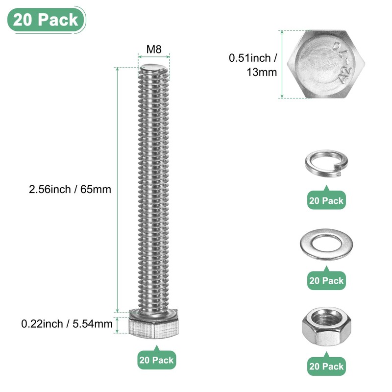 M METERXITY 20-Pack Hex Head Screw Bolt with Nuts Flat