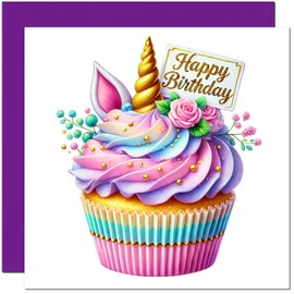 Unicorn Cupcake Birthday Card for Girls - Friend Daughter Niece Cousin Aunt