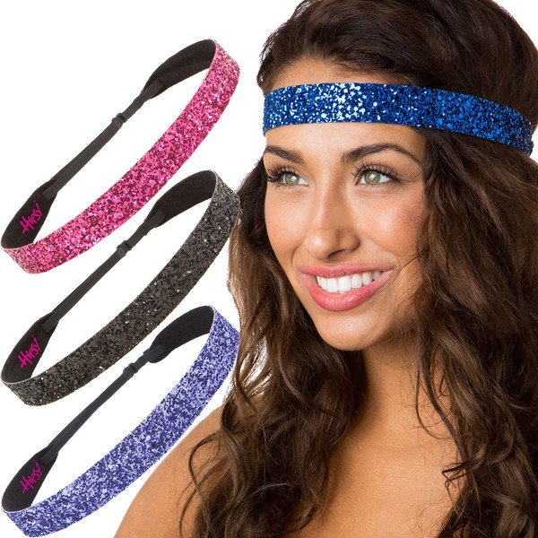 Hipsy Adjustable No Slip Wide Bling Glitter Headband 4-packs for Women Girls & Teens (Purple/Black/Hot Pink/Royal Blue)