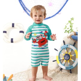 uideazone 12-18 Months Baby Boys Green Striped Swimsuit Red Crab UPF 50+ Long Sleeve Beach Swimwer One Piece Rash Guard with Sun Hat