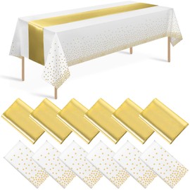 12 Pack White and Gold Tablecloth and Table Runner Set Party Decorations, White and Yellow Gold Plastic Disposable Tablecloth and Satin Table Runner for Wedding Birthday Graduation Anniversary Party