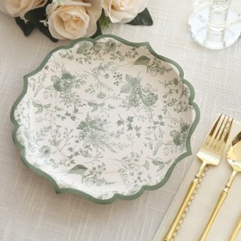 Balsa Circle 25 White 10 in Disposable Paper Plates Sage Green Floral Leaves Print Scalloped Rim Party Events Decoration Supplies