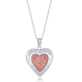 Beaux Bijoux Sterling Silver Rose Pink Cameo Designed Heart Locket Necklace
