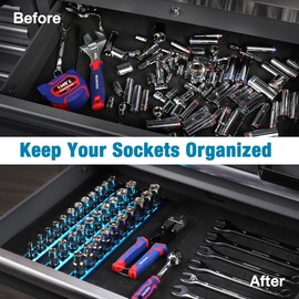 WORKPRO Magnetic Socket Organizer, 1/2-Inch Drive Aluminum Alloy Socket Rail, Heavy Duty Socket Holder, Socket Rack Kit 1/2-Inch x 10 Clips Sky Blue(Socket not Included)