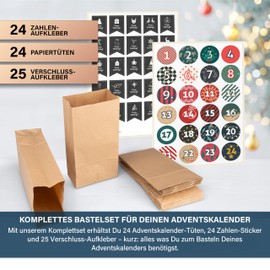 Advent Calendar Bags & Advent Calendar Stickers - 24 Bags, Numbers & Closure Stickers - Craft Set Advent Calendar 2024 Children Women Men - Advent Calendar for Filling - Numbers - Colourful