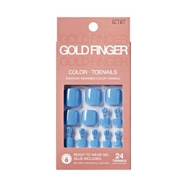 GoldFinger 24 Pcs Press On Toenails, Ready to Wear Fake Nails, Blue Gel Stick On Extensions, Reusable DIY Pedicure False Nail Kit with Glue, Cuticle Stick & File, 7 Day Durable & Long Lasting Wear