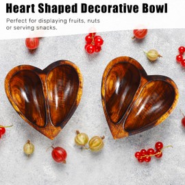 Crocon 6 Inch Heart-Shaped Wooden Bowl - Set of 2 - Decorative Wood Serving Bowl - Brown Bowl with 2 Partitions - Ideal for Salad, Fruit, Snacks, Desserts - Home Décor