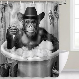 Hajmsug Funny Monkey Shower Curtain Black White Fun Western Cowboy Gorilla Bathtub Farmhouse Rustic Cool Animal Funky Chimpanzee Wooden Wildlife Shower Curtain Bathroom Set 71X71 in