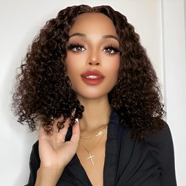 Glueless Wigs Human Hair Pre Plucked Pre Cut, Short Curly Deep Wave Lace Front Wigs Human Hair, 180% Density Wear and Go Glueless Bob Wig Human Hair for Women 12 Inch Chocolate Brown