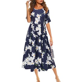 LAISHEN Women's 2024 Summer Fashion Midi Dresses Casual Short Sleeve Hawaiian Vacation Church Beach Long Sun Dress with Pockets(Floral01,XL)