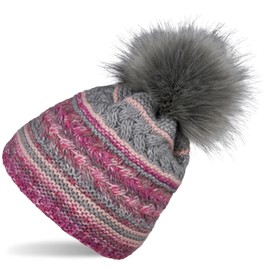 styleBREAKER 04024202 Women's Knitted Bobble Hat with Colourful Pattern Mix and Fleece Lining, Winter Fur Bobble Hat, Knitted Hat, Grey-Pink-Rose