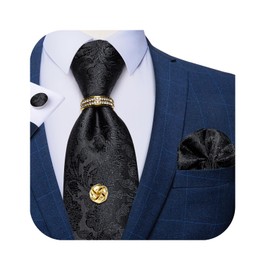DiBanGu Men's Silk Tie Set - Gold Tie Tack, Ring, Pocket Square, Cufflinks - Formal Dark Black