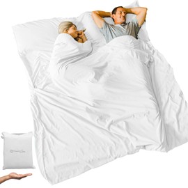 2 Person Sleeping Bag Liner - White Adult Travel Sleep Liners - Travel Essentials - Queen Size - 4 Season - Travel Size Sleep Sack - Comes with a Small Carry Pouch - Winter Spring Summer and Fall