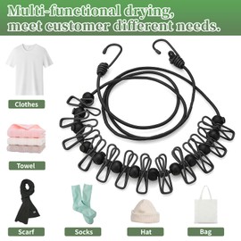 BODFPPC Travel Washing Line with 12 Clips, Portable Windproof Retractable Clothes Line Stretchy Elastic for Indoor Laundry Drying Clothesline,Outdoor Camping Accessories (Black)