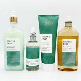 Eucalyptus & Lavender Breathe Deep 4-Piece Aroma Bath Bundle | Moisturizing Body Lotion, Essential Oil Mist, Ultimate Hydration Body Cream and Body Wash