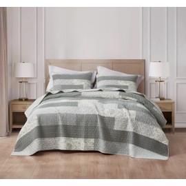 Chezmoi Collection Caleb 3-Piece Muted Gray White Ivory Floral Plaid Rectangular Patchwork Quilt Set - Pre-Washed Cotton Quilted Lightweight Reversible Bedspread for All Seasons, Super King 128x110