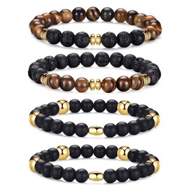 RANKEEF Tiger Eye Bracelet Set - Men & Women Unisex - 8MM Natural Stone Beads - Stretch Lava Rock Bracelets - Black Crystal - 3 Count