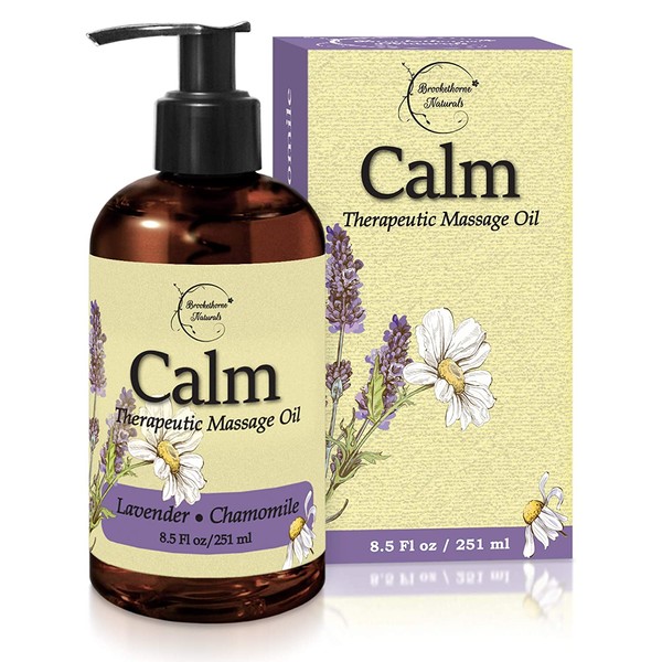 Calm Massage Oil with Lavender & Chamomile Essential Oils to Relax Sore Muscles - For Massage Therapy & Home use – with Coconut, Grapeseed & Jojoba Oils for Smooth Skin– Brookethorne Naturals - 8.5oz