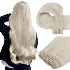 Easyouth Weft Hair Extensions Blonde Human Hair Weft Extension White Blonde Soft and Smooth Sew in Hair Extensions Real Human Hair for Short Straight Hair 12Inch 70G