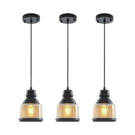 3 Pack Black Pendant Lights, Pendant Lights Kitchen Island, Glass Pendant Lights for Dining Room Bathroom, Island Lights, Chandelier for Living Room Hallway,