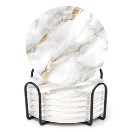 ubcindy White and Gold Crackle Vein Marble Coasters for Drinks Set of 6, Round Absorbent Ceramic Stone Coaster, with Metal Holder and Cork Base for Coffee Table Desk Home Decor Housewarming Gift