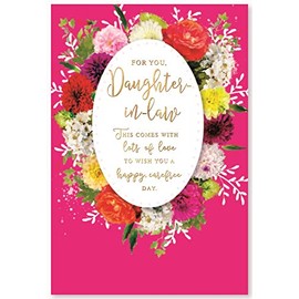 Daughter In Law Birthday Card - Pink Background Flowers & Gold Foil 7.75x5.25"
