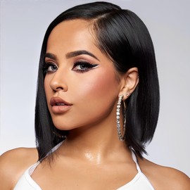 PORSMEER Bob Wig Black Short Straight Lace Hairline Front Wig Synthetic Hair Cosplay Daily Party Wig for Women Natural Like Real Hair