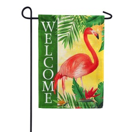 America Forever Pink Flamingo Welcome Garden Flag - Tropical Palm Trees Summer Floral Flag - Seasonal Yard Outdoor Decorative Double Sided Flag - 12.5 x 18 Inches