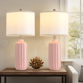 Liyicha Lamps for Living Room Bedroom Lamps Farmhouse Table Lamps Set of 2 Vertical Stripe Ceramic Table Lamp,Linen Shade with Bulb, 25 in High, Pink