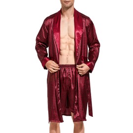 Men's Satin Bathrobe, Lightweight Silk Long Sleeve Bathrobe with Shorts Set, Spa Kimono Sleepwear, Burgundy with Black